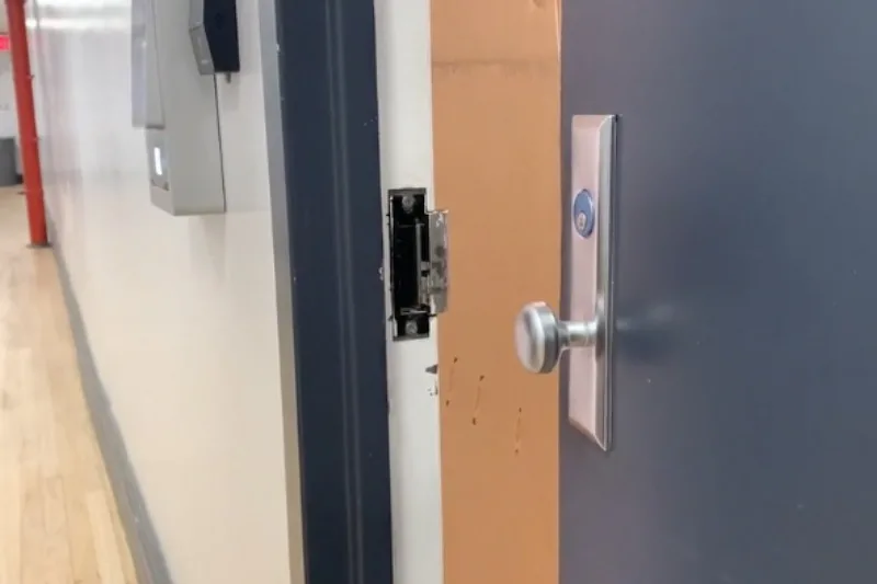 The electric door strike component of an apartment intercom system with door release