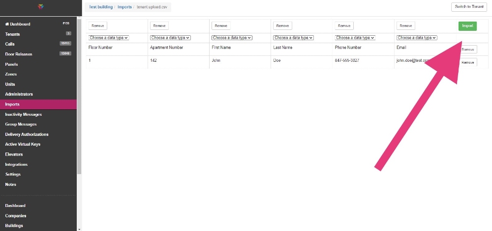 Import tenants into the ButterflyMX system click import