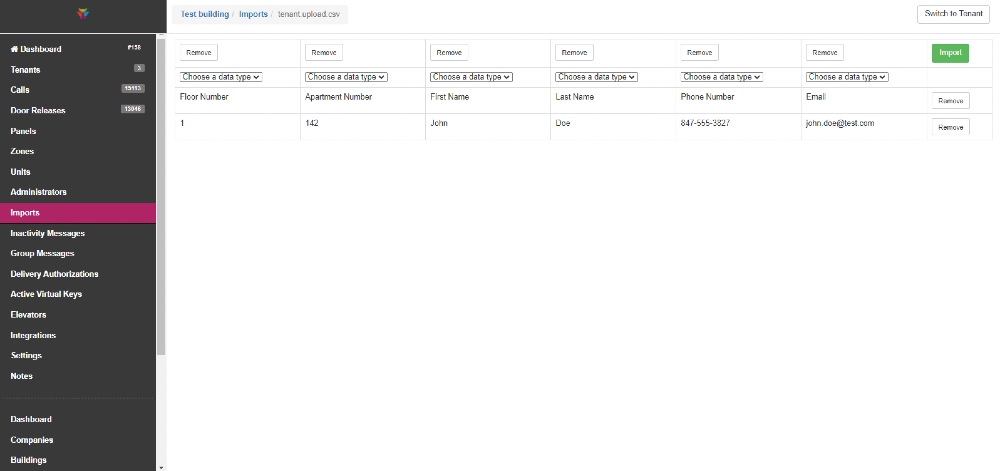 Import tenants into the ButterflyMX system match data types