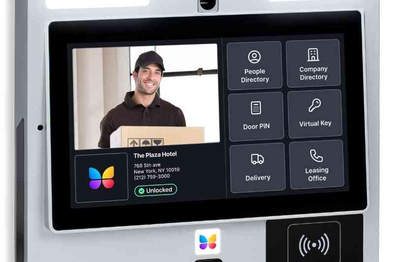 Delivery courier at video intercom system.