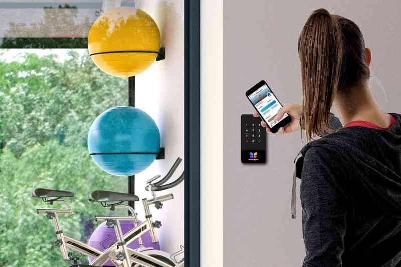 Opening gym door with a keypad.