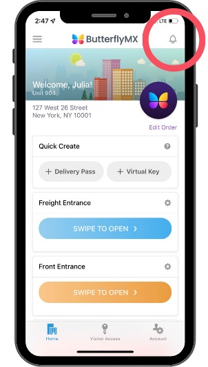 Click the notifications icon to view your door activity history