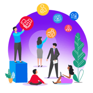 Colorful illustration of a business team collaborating together.