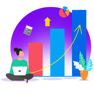 Colorful illustration of a person with a laptop and bar chart.