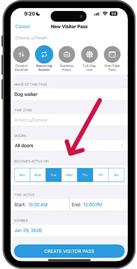 Select when your Visitor Pass will be active 