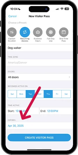Choose an expiration date for your Visitor Pass