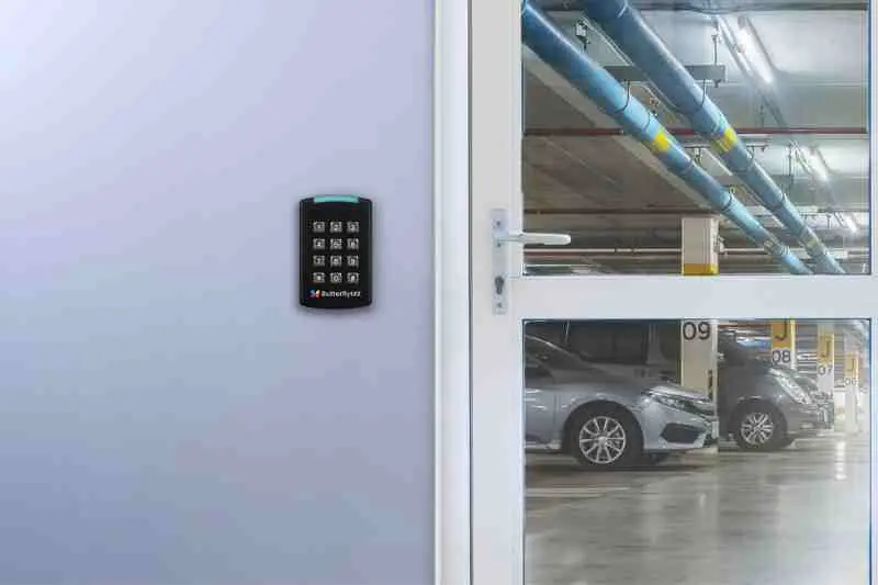 Keypad door entry system at a garage.