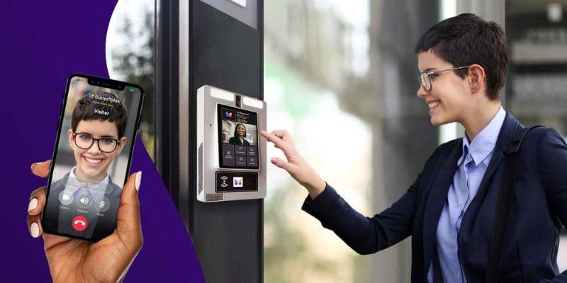 Guest video chats with a resident on a ButterflyMX smart video intercom.