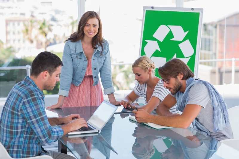 A designated group of volunteers goes over ways to improve their sustainable office building