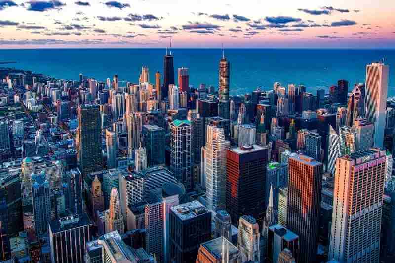 Buildings in downtown Chicago with intercom systems.