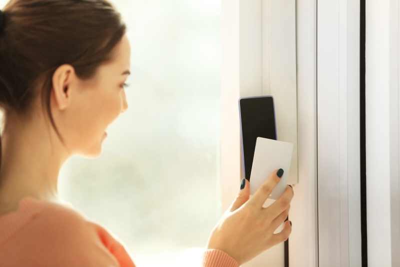 Resident opens a door with key card physical access control system