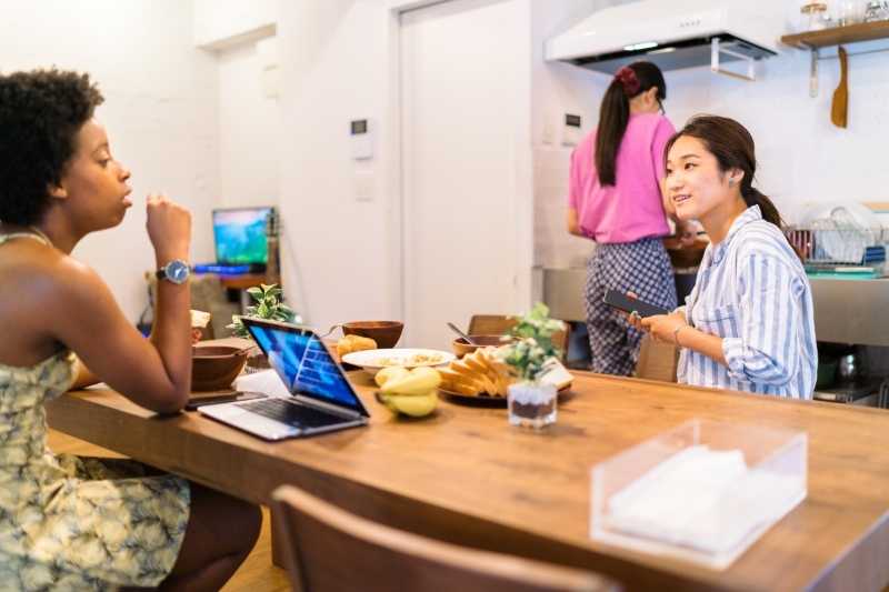 friends on vacation staying at an apartment sharing unit