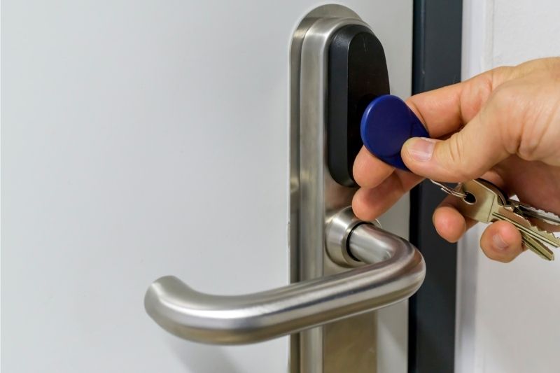 A commercial key fob door lock system at work