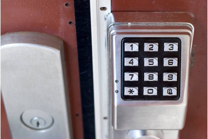 A commercial keypad door lock