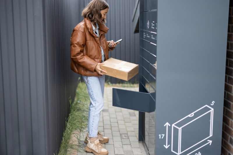 Resident retrives their package at an electronic parcel locker system.