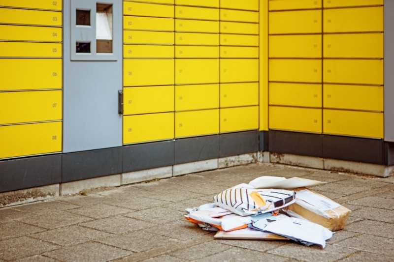 Packages are left in front of an electronic parcel locker.