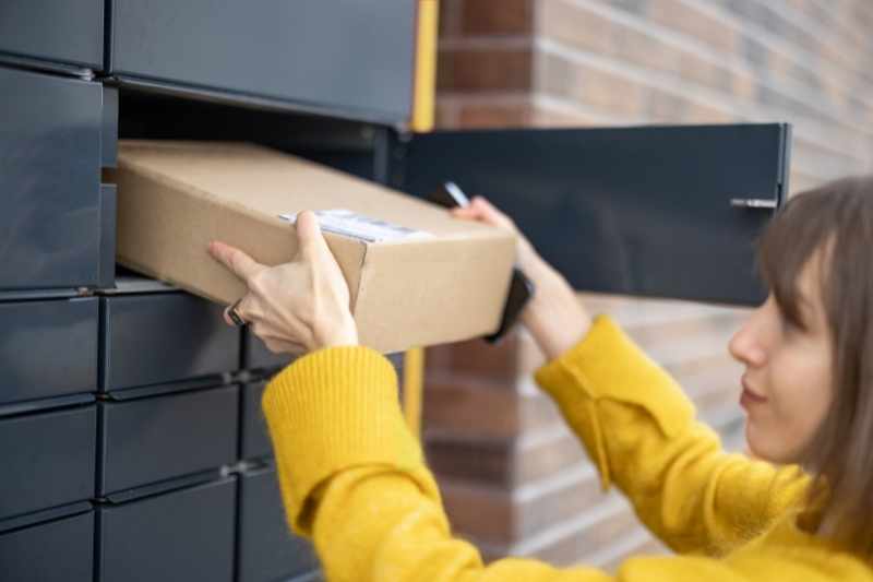 Resident takes their package out of an electronic parcel locker.