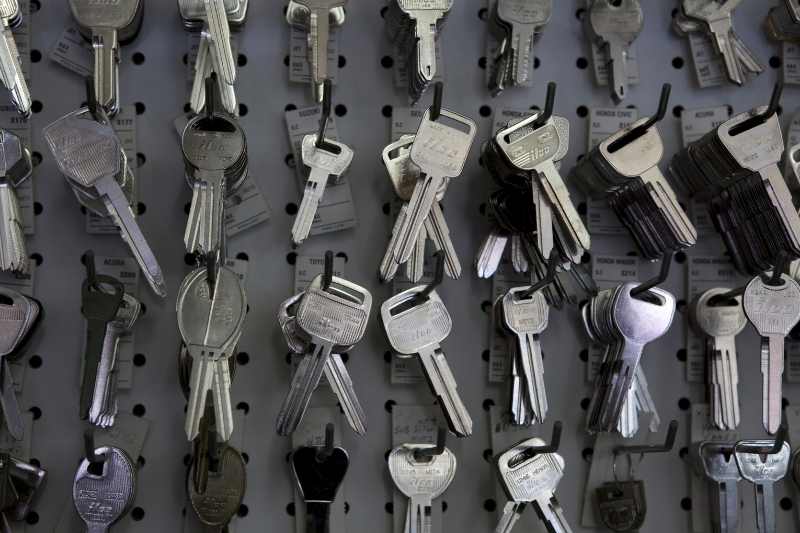 Physical key storage in a cabinet.