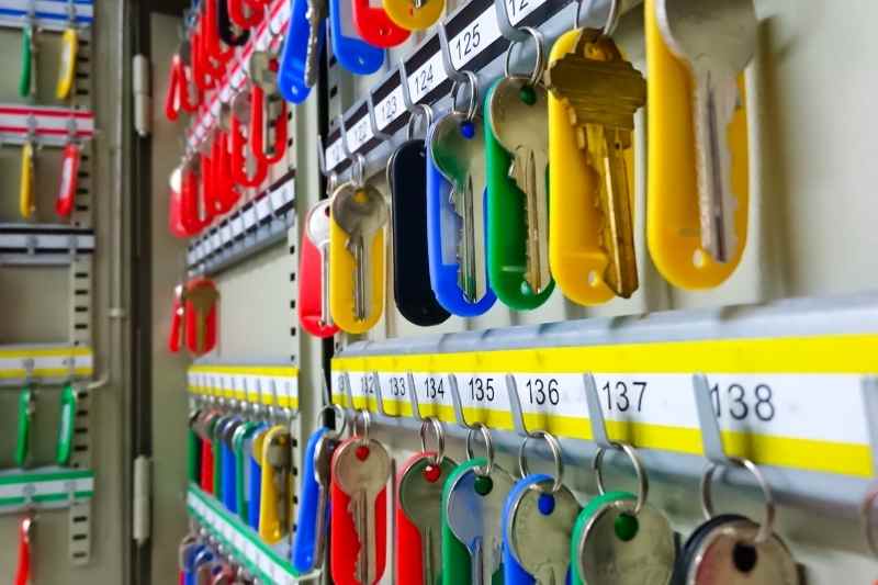 key cabinet with colorful keys