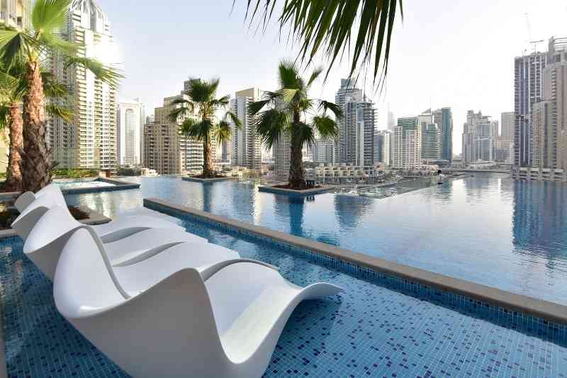 Luxury rooftop lounge pool.