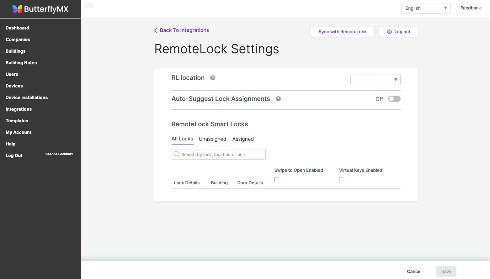 RemoteLock settings in the ButterflyMX OS