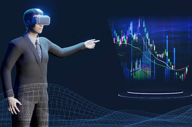 An avatar in the digital real estate metaverse who is reviewing market data