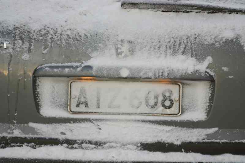 License plate covered in snow.