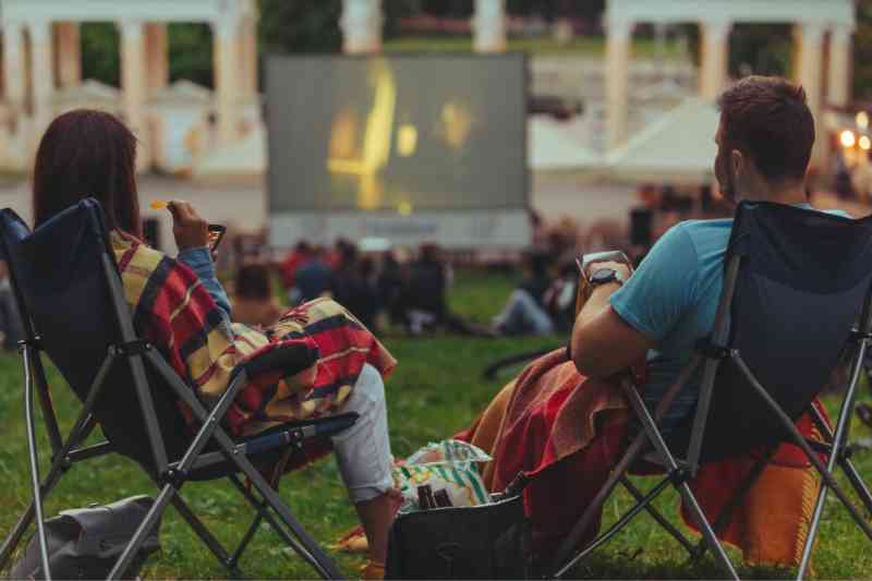 Winter outdoor movie night at apartment.