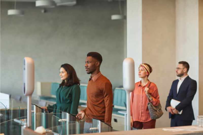 A group of people enter a building through security turnstiles.