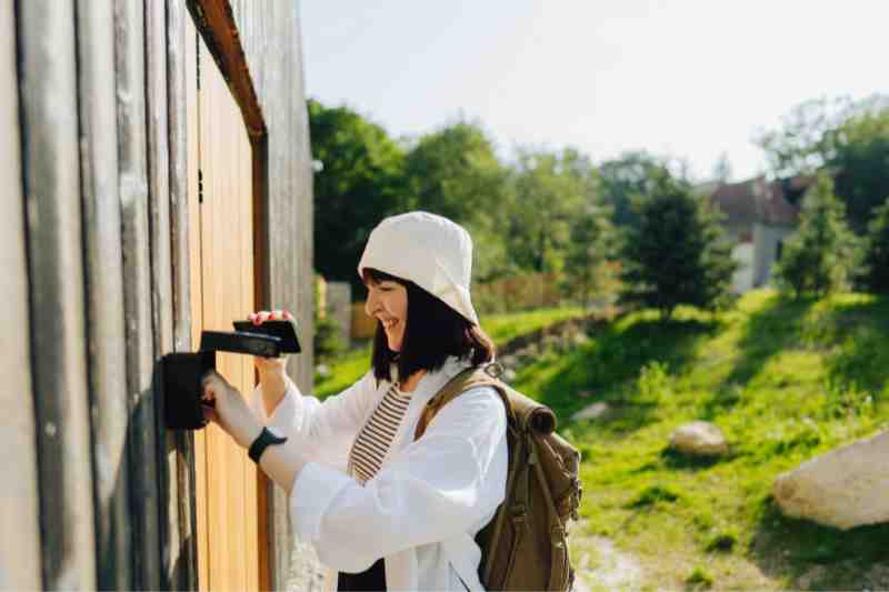 Woman using a lock box for spare key storage.
