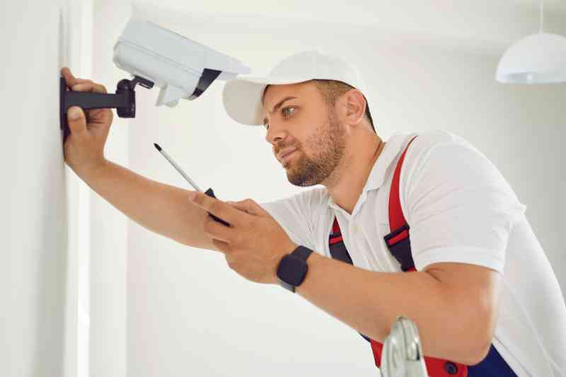 Professional installer carrying out business security camera installation.