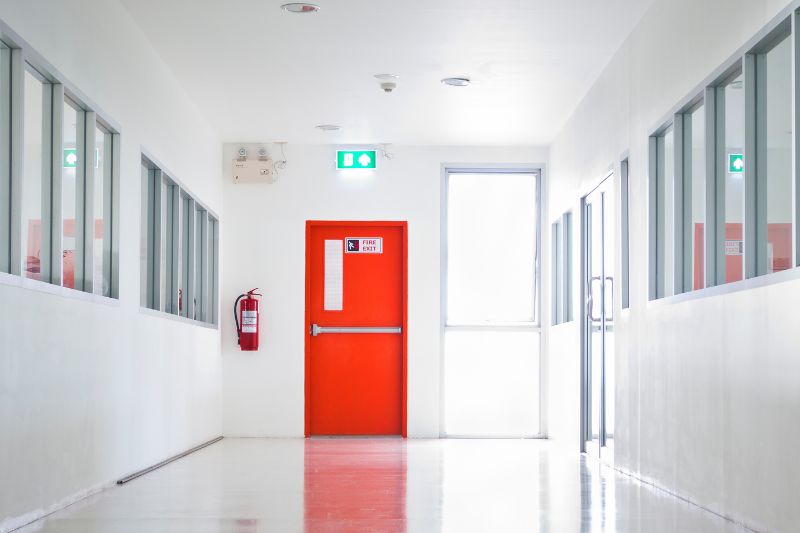 Emergency building entrance system red exit door