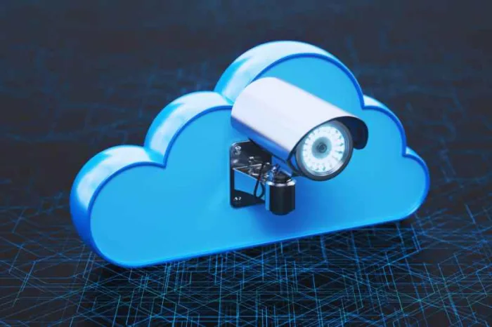An artistic rendering of a cloud-based camera system.