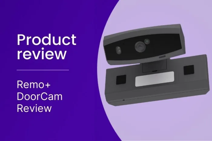 Remo+ DoorCam Product Review slide with purple background and image of a gray door cam.