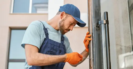 man wearing hat and overalls using screwdriver on door