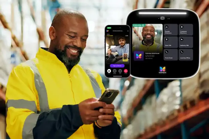 warehouse worker video calling truck driver using ButterflyMX app, with ButterflyMX intercom floating next to him