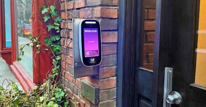 ButterflyMX 8in Video Intercom installed on a brick wall.