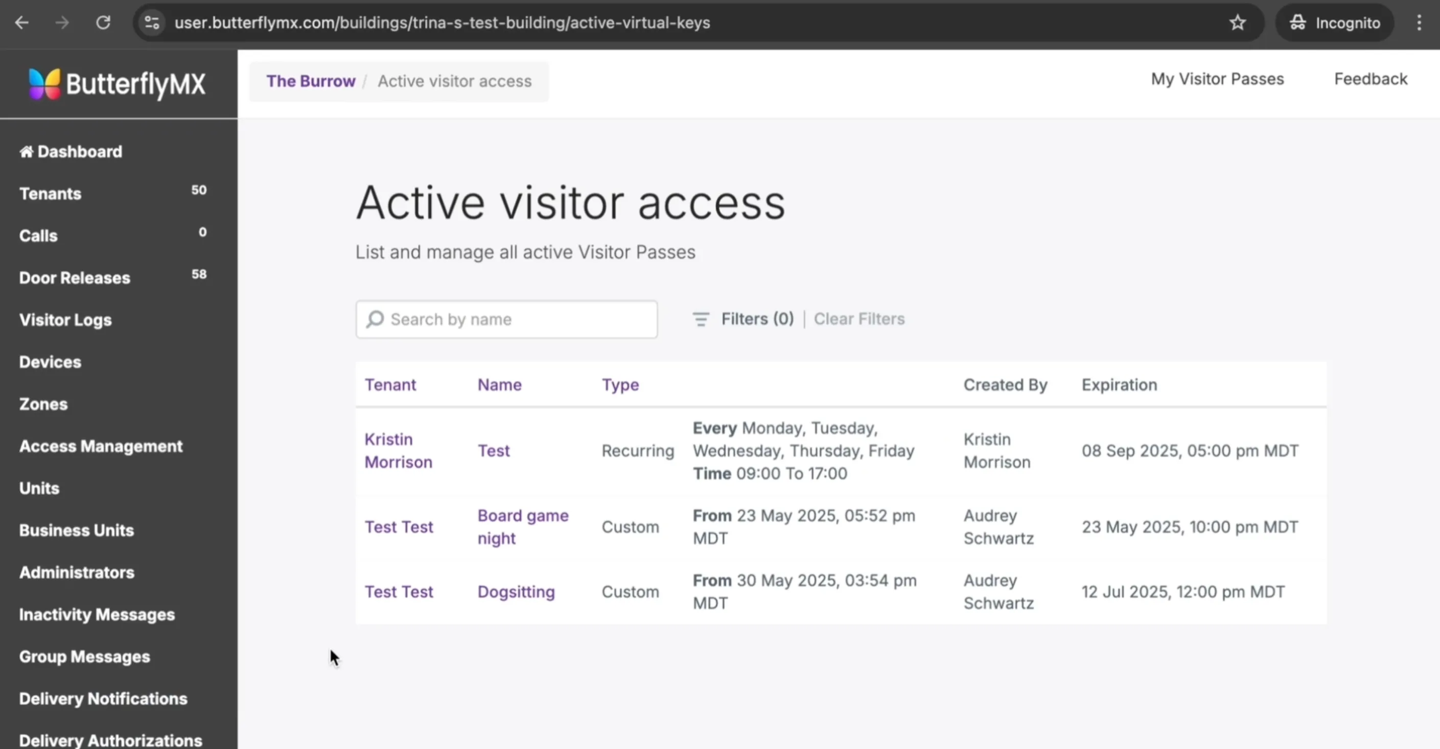 View active Visitor Passes in the ButterflyMX OS