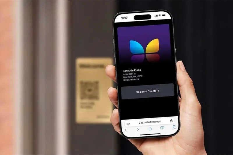 ButterflyMX QR Code Intercom being scanned by a visitor's smartphone.