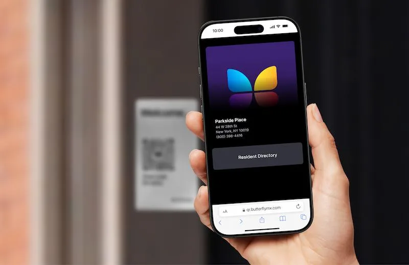 ButterflyMX QR Code Intercom being scanned by a visitor's smartphone.
