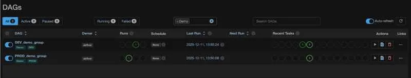 DEV and PROD DAGs with the same names from the DAGs list.