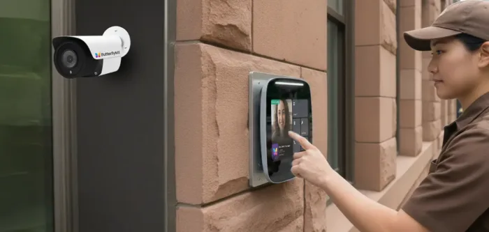 a delivery person is using the ButterflyMX video intercom to access a multifamily building. There is a ButterflyMX security camera on the wall