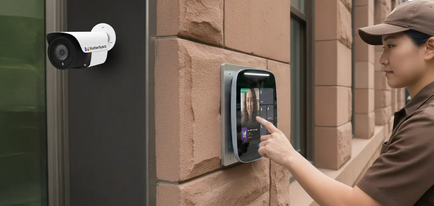 a delivery person is using the ButterflyMX video intercom to access a multifamily building. There is a ButterflyMX security camera on the wall