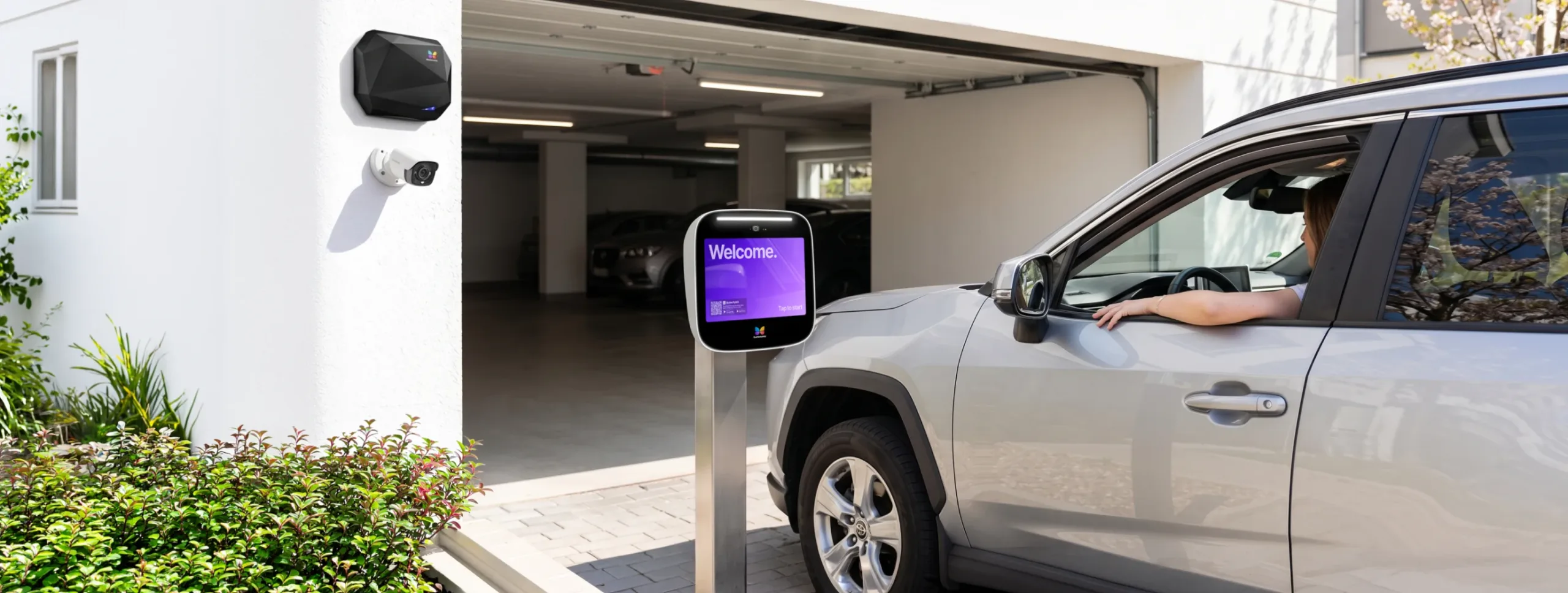 ButterflyMX vehicle reader with windshield tag for garage and gate access