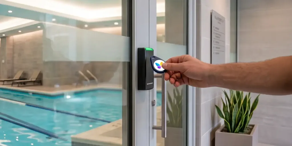 a tenant holds a fob to a ButterflyMX single-gang reader to access an indoor pool