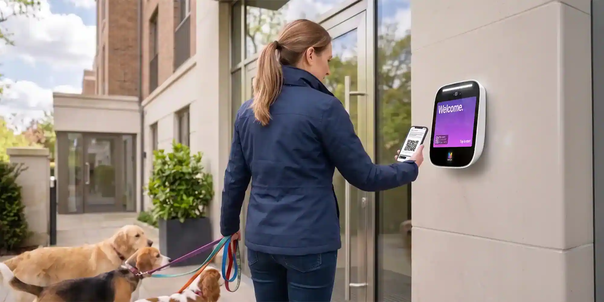 Dog walker using ButterflyMX Visitor pass to access building
