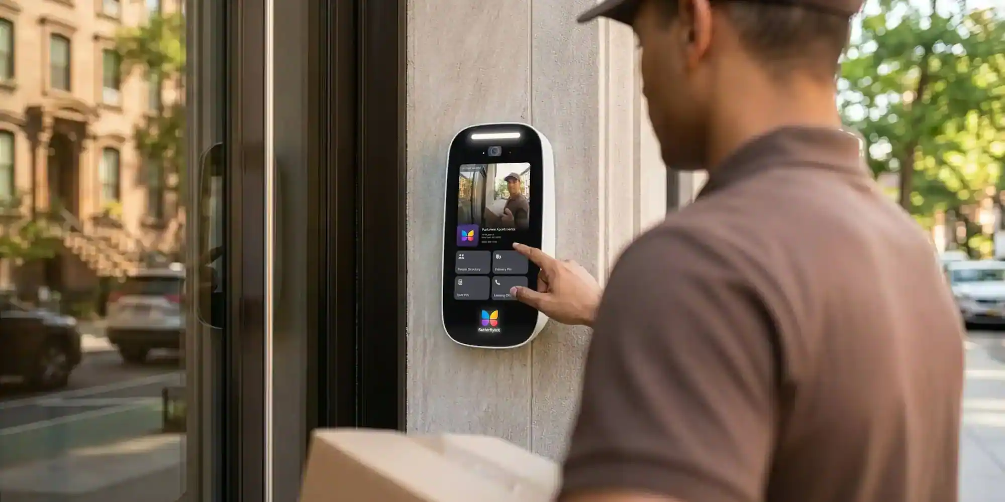 Delivery person accessing multifamily building using ButterflyMX video intercom
