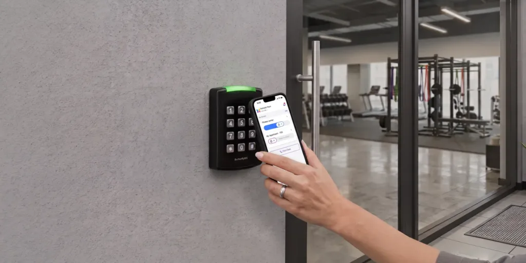 a tenant holds their ButterflyMX app up to a ButterflyMX keypad to access their building's gym