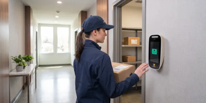 a delivery person enters a package room at an apartment building using the ButterflyMX video intercom
