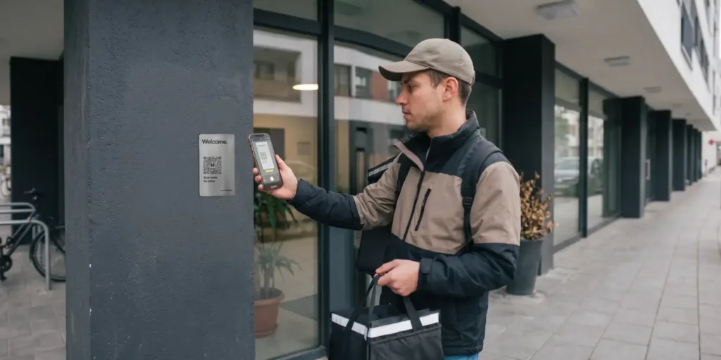 a delivery person enters a package room at an apartment building using the ButterflyMX video intercom